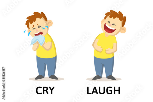 Words cry and laugh textcard with cartoon characters. Opposite adjectives explanation card. Flat vector illustration, isolated on white background.