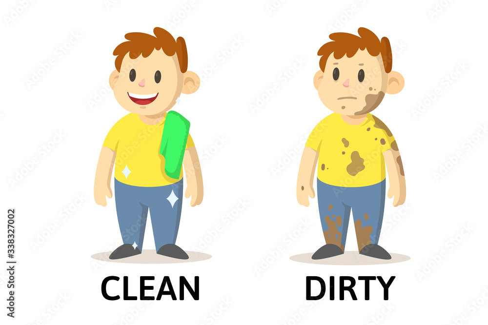 Words clean and dirty textcard with cartoon characters. Opposite adjectives explanation card. Flat vector illustration, isolated on white background.