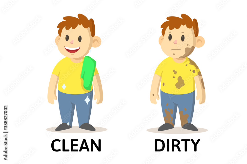 Words clean and dirty textcard with cartoon characters. Opposite adjectives explanation card. Flat vector illustration, isolated on white background. Words clean and dirty textcard with cartoon characters. Opposite adjectives explanation card. Flat vector illustration, isolated on white background.