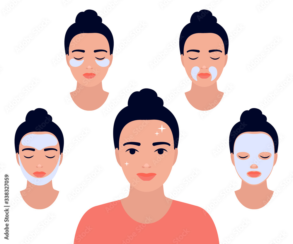 Woman face with different facial procedures. Relax with facial masks. Girl take care about her face. Spa beauty treatment, skin care, facial care. Beautiful young woman with clean fresh skin. Vector Woman face with different facial procedures. Relax with facial masks. Girl take care about her face. Spa beauty treatment, skin care, facial care. Beautiful young woman with clean fresh skin. Vector