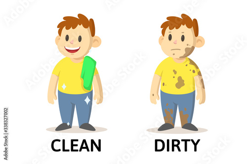 Words clean and dirty textcard with cartoon characters. Opposite adjectives explanation card. Flat vector illustration, isolated on white background.