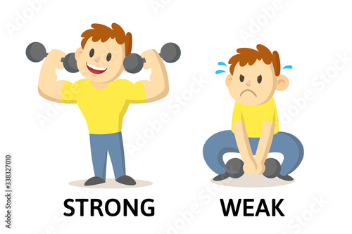 Words strong and weak textcard with cartoon characters. Opposite adjectives explanation card. Flat vector illustration, isolated on white background.