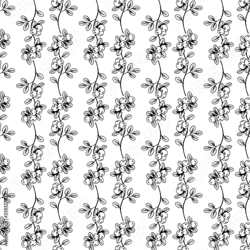 Blueberry twigs with leaves seamless pattern. Wild berries, hand drawn  line art sketch, for wrapper, scrapbooking paper, banner, poster. Stock vector illustration isolated on transparent background.