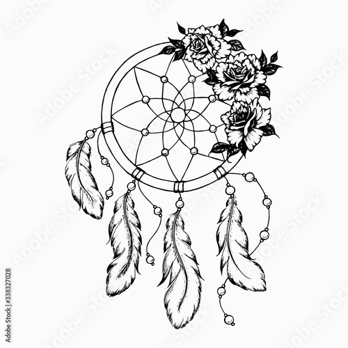Dream catcher decorated with roses, bird feathers and beads. Native American amulet, hand drawn ink line art sketch, for cards, tattoo, poster. Stock vector illustration isolated on white background.