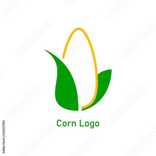 Corncob logo design. Yellow corn seed and green leaf isolated on white background. Vector organic grain illustration