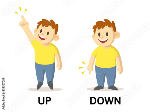 Words up and down textcard with cartoon characters. Opposite adjectives explanation card. Flat vector illustration, isolated on white background.