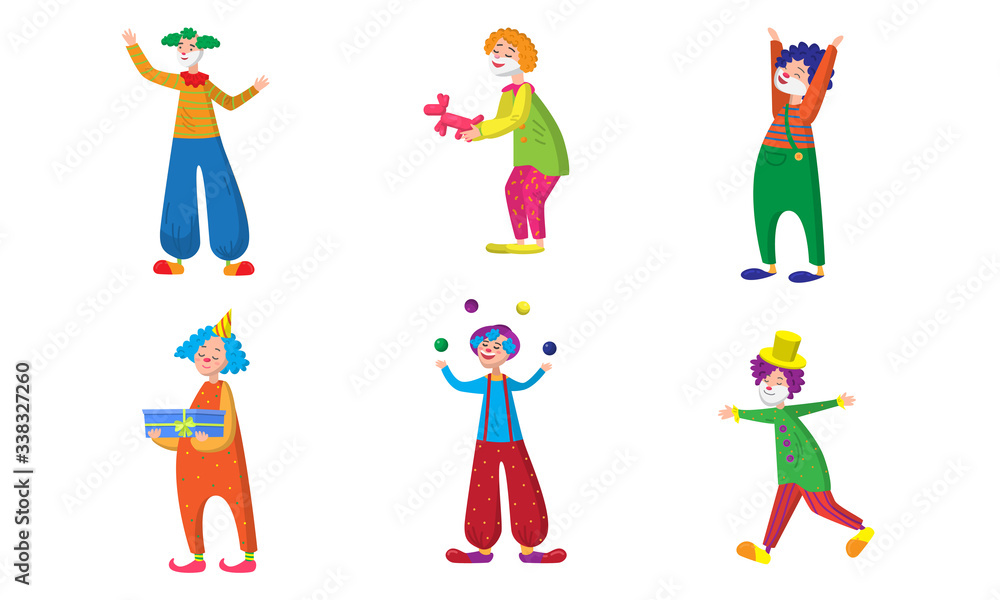 Set of positive clowns during show in colorful costumes with accessories Set of positive clowns during show in colorful costumes with accessories