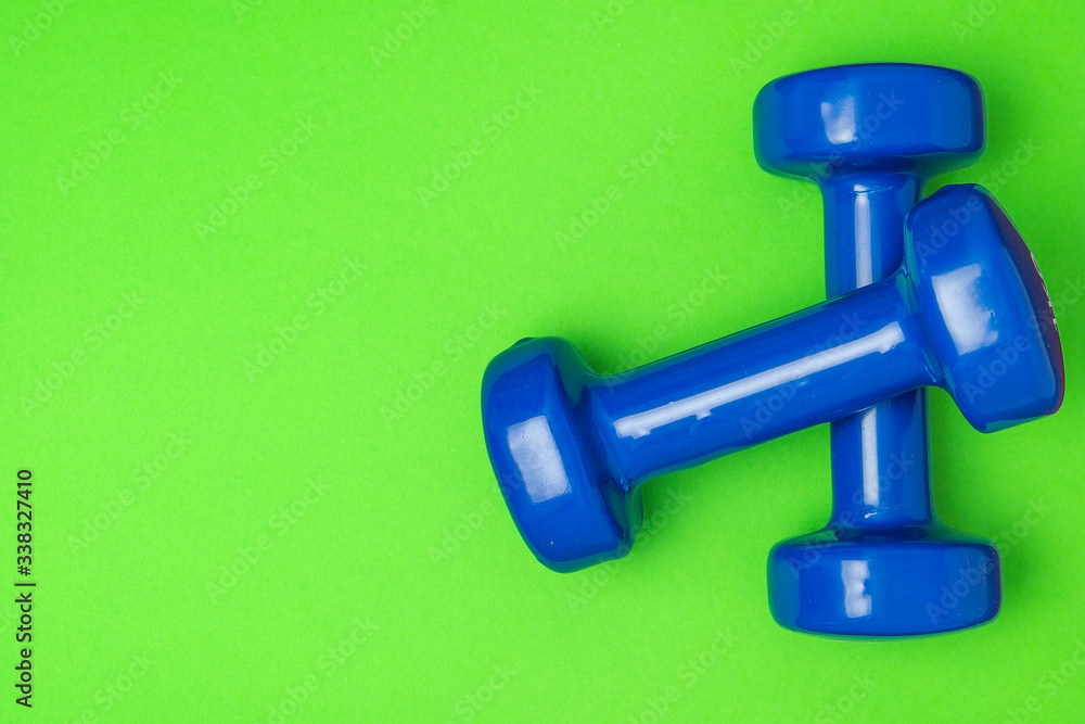 Two blue of dumbbells Isolated on green background Two blue of dumbbells Isolated on green background