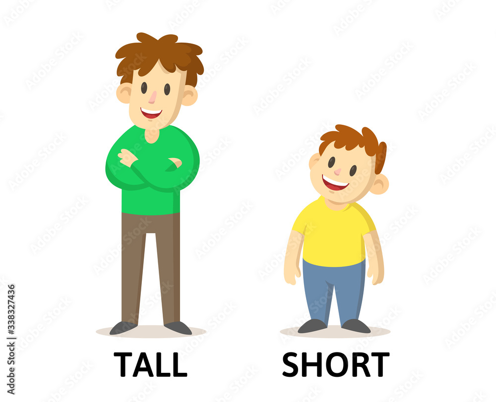 Vecteur Stock Words tall and short textcard with cartoon characters. Opposite adjectives