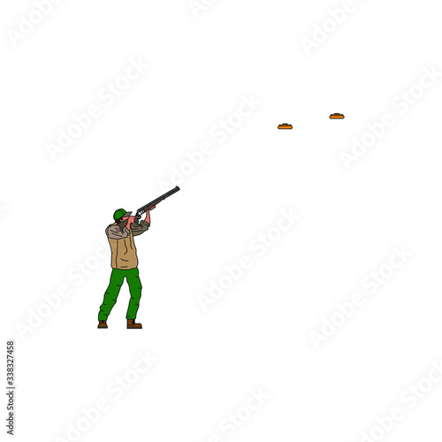 man with shotgun practicing clay pigeon shooting. Vector illustration for web and mobile design.