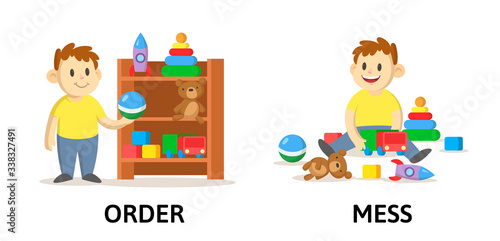 Words order and mess textcard with cartoon characters. Opposite adjectives explanation card. Flat vector illustration, isolated on white background.