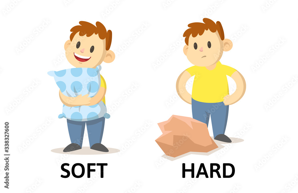 Words soft and hard textcard with cartoon characters. Opposite adjectives explanation card. Flat vector illustration, isolated on white background. Words soft and hard textcard with cartoon characters. Opposite adjectives explanation card. Flat vector illustration, isolated on white background.