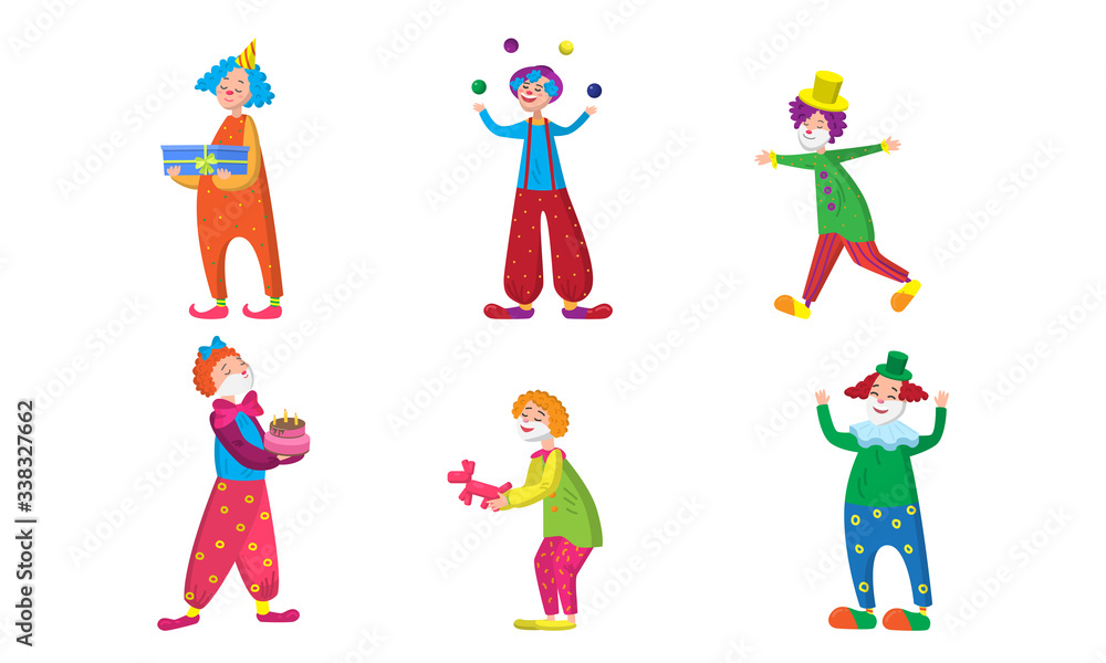 Set of positive clowns during show in colorful costumes with accessories for magic