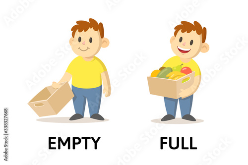 Words empty and full textcard with cartoon characters. Opposite adjectives explanation card. Flat vector illustration, isolated on white background.
