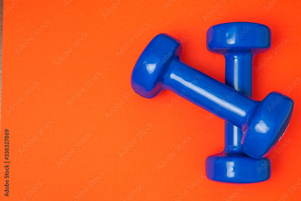 Two blue of dumbbells Isolated on red background Two blue of dumbbells Isolated on red background
