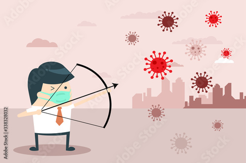 Businessman Character Fight with Coronavirus with Bow and Arrow. Man Archer Aims at Virus. 2019-nCoV Covid-19 Virus Protection. Flat cartoon style. Vector Illustration.