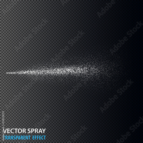 Transparent water spray cosmetic set with dust and dots. White 3d fog spray effect isolated on background. Vector spray smoke effect
