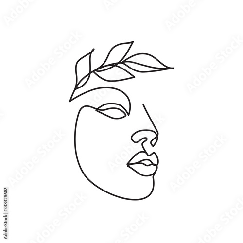 Head in Laurel Wreath one line drawing. Abstract portrait hand drawn. Minimalist art. Minimal face Black and white style