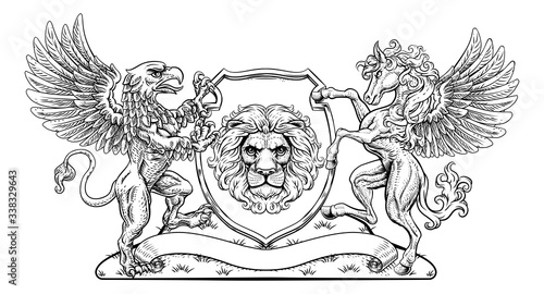 A crest coat of arms family shield seal featuring griffin, Pegasus winged horse and lion