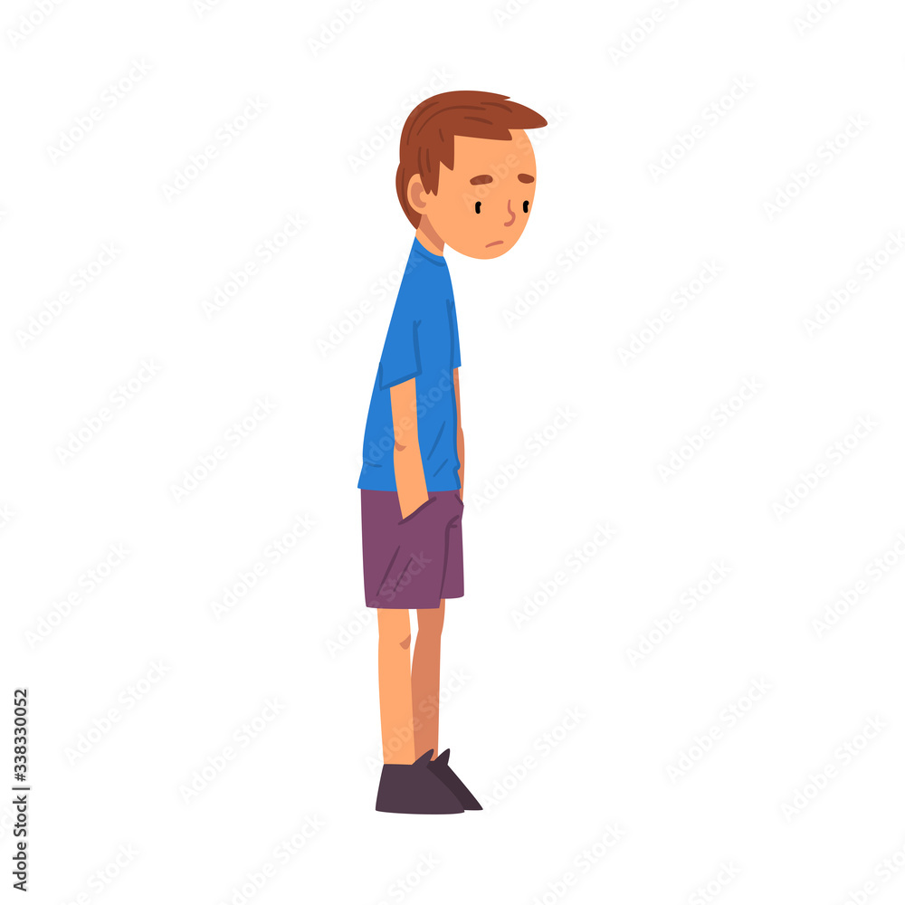 Unhappy Boy, Sad Child in Shorts and Blue Tshirt Vector Illustration Unhappy Boy, Sad Child in Shorts and Blue Tshirt Vector Illustration