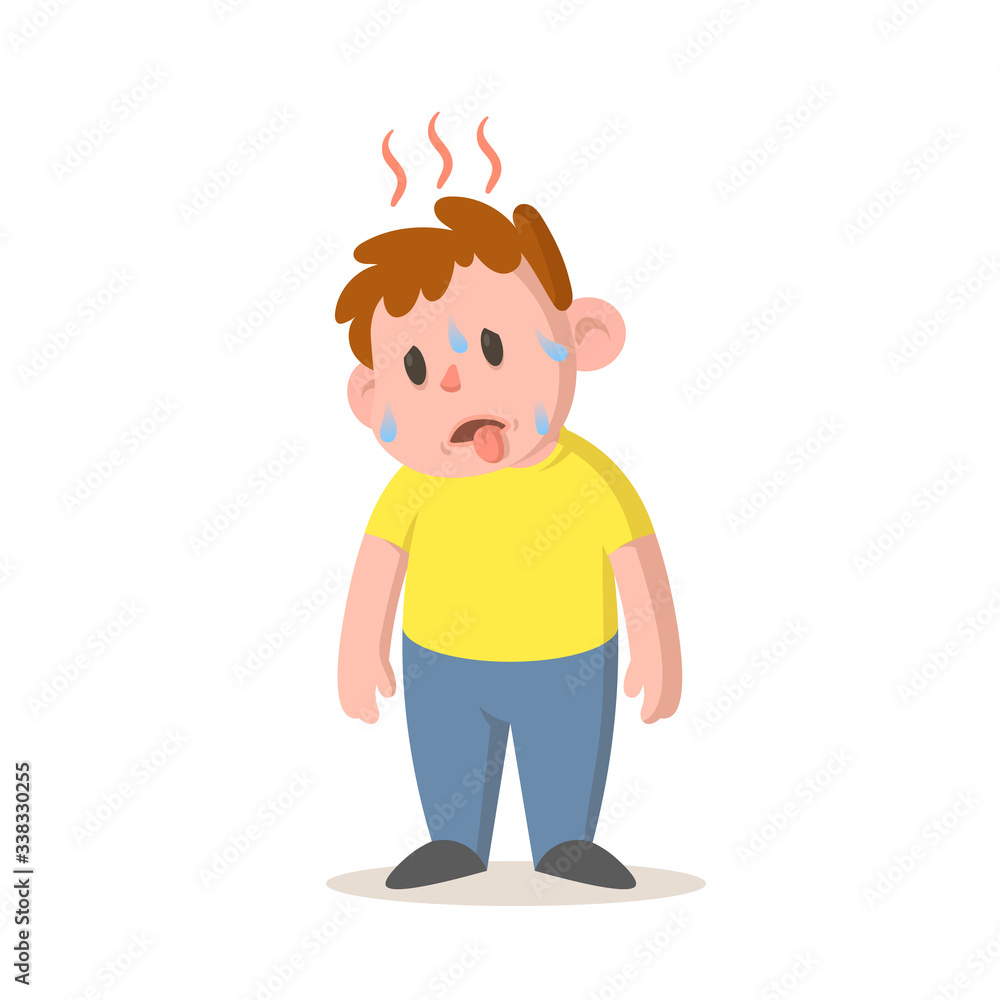 Sweating boy feeling hot, high temperature, hot weather. Cartoon character design. Colorful flat vector illustration, isolated on white background.