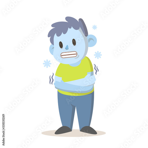 Shivering boy feeling cold, freezing temperature, cold weather. Cartoon character design. Colorful flat vector illustration, isolated on white background.