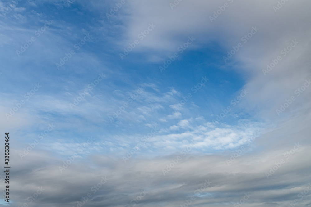 the blue sky with grey and white clouds