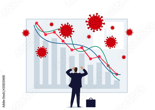 Concept illustration of a business crisis due to the coronavirus epidemic. Businessman and graph of falling stock quotes, business problems, unemployment. Flat vector illustration