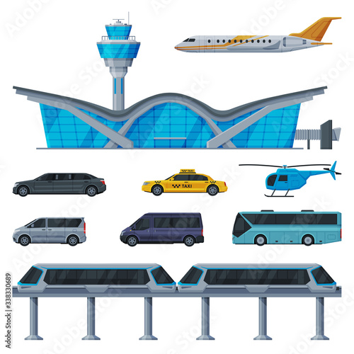 Modern Aerodrome or Transport Hub, Aviation Transport Terminal, Airport Vehicles, Flight Service Transportation Collection Flat Vector Illustration