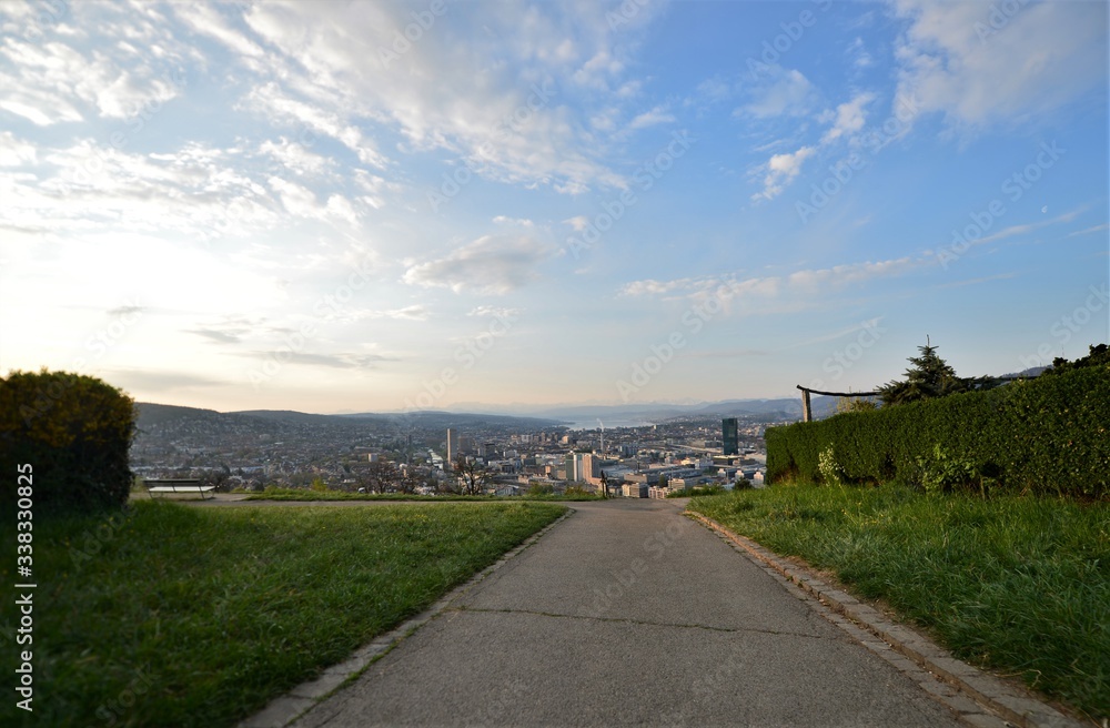 Fototapeta premium Footpath in the Waid with a view of the city of Zurich Switzerland in the morning with the Alps in the background