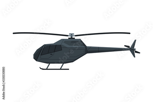 Black Helicopter, Flying Aircraft, Air Transportation Flat Vector Illustration