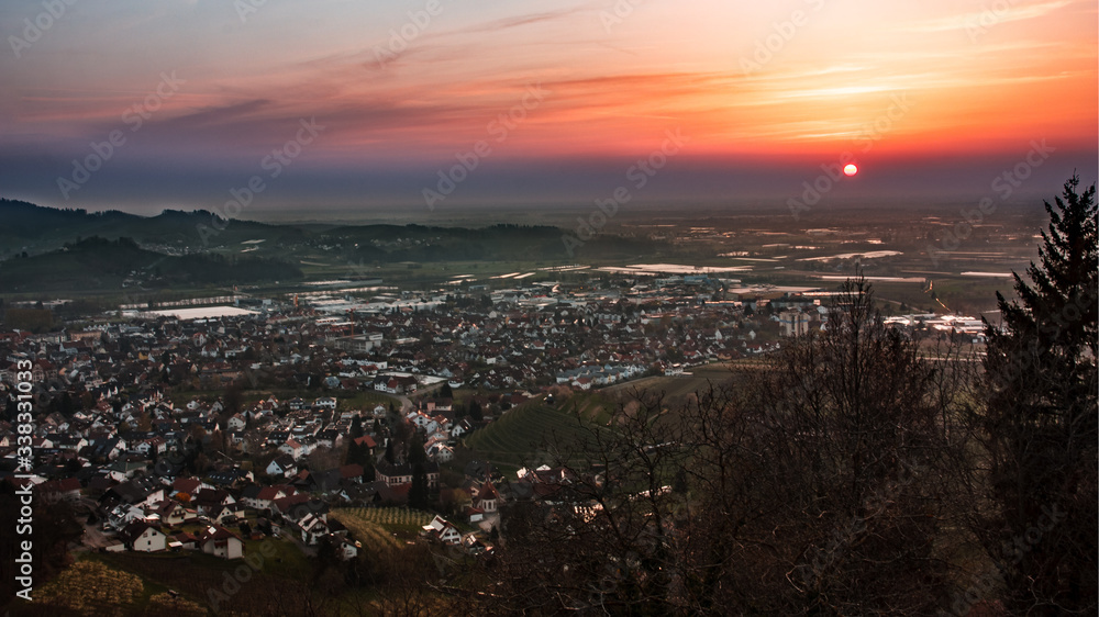 sunset over the city Oberkirch in Black Forest in Germany