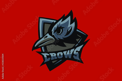 Hand drawn sport team mascot logo design. T-shirt print illustration. Crow.
