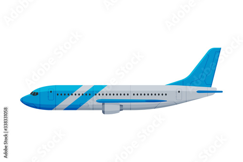 Modern Passenger Airplane, Flying Aircraft Vehicle, Side View Flat Vector Illustration