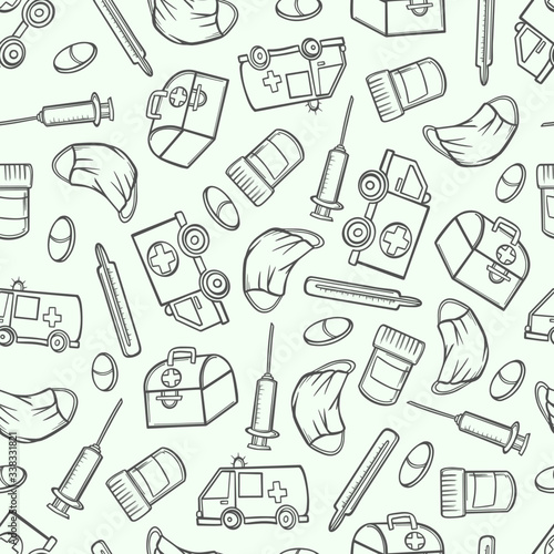 pattern medicine contour stroke thermometer pills  hospital doctor mask doodle sketch vector background seamless textile print illustration