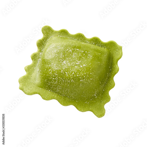 Green ravioli isolated on white background, top view.