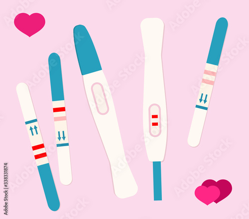 Set Pregnancy test icons. Ovulation medical tests result. Test pregnant woman. flat vector illustration on pink background