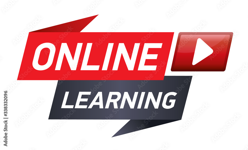 Red Banner or button for online learning. Vector illustration red ribbon isolated on white with button and arrow. Red Banner or button for online learning. Vector illustration red ribbon isolated on white with button and arrow.