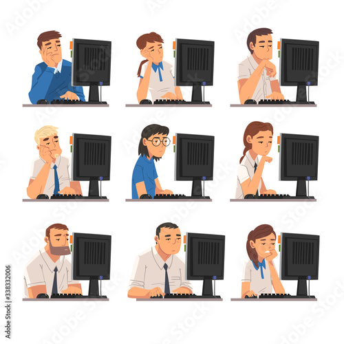 Bored Business People Sitting at Office Desk Collection, Lazy Employees Procrastinating at Workplace, Unmotivated or Unproductive Manager Characters Vector Illustration