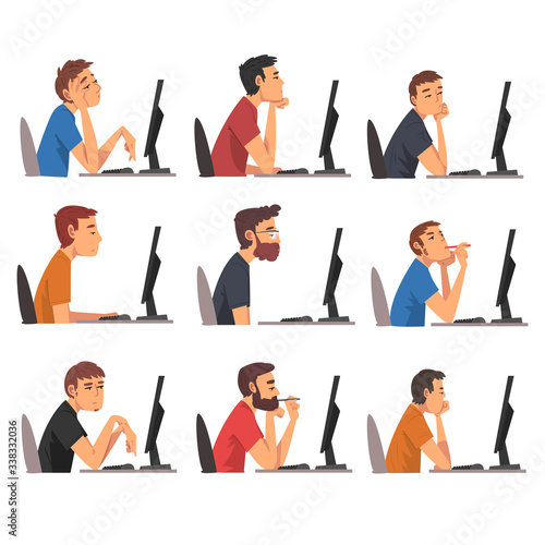 Bored Men Working with Computer Collection, Lazy Guys in Casual Clothes Procrastinating at Workplace, Unmotivated or Unproductive Worker Character, Side View Vector Illustration