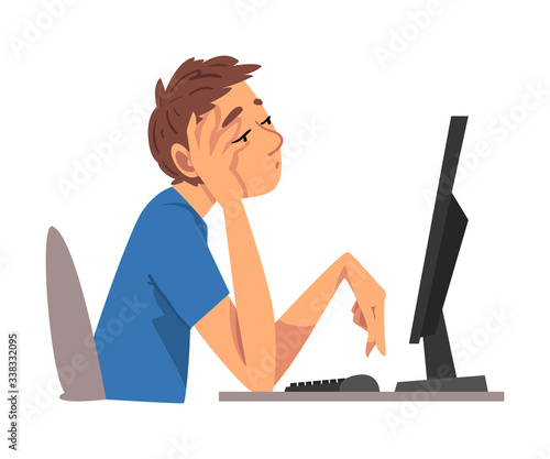 Bored Man Working with Computer, Lazy Male Employee Procrastinating at Workplace Vector Illustration