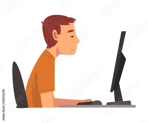 Bored Man Working with Computer, Lazy Male Clerk Procrastinating at Workplace, Unmotivated or Unproductive Worker Character, Side View Vector Illustration