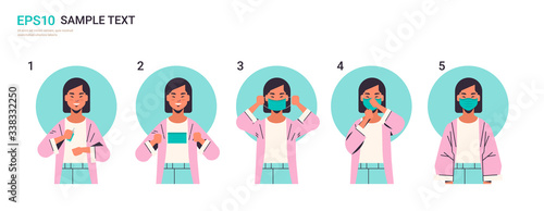 how to wear medical face mask covid-19 protection asian woman presenting step by step correct method of wearing mask to reduce coronavirus spreading horizontal portrait vector illustration