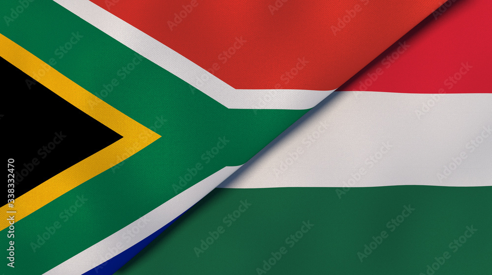 The flags of South Africa and Hungary. News, reportage, business background. 3d illustration