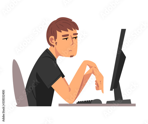 Bored Employee Man Working with Computer, Lazy Male Clerke, Unmotivated or Unproductive Worker Character, Side View Vector Illustration