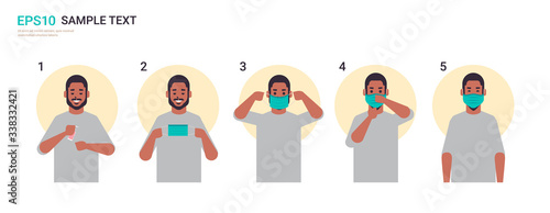 how to wear medical face mask covid-19 protection african american man presenting step by step correct method of wearing mask to reduce coronavirus spreading horizontal portrait vector illustration