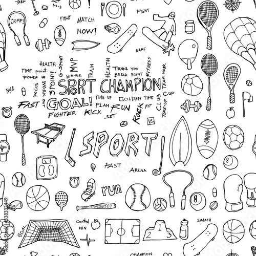 Sport doodle background seamless pattern. Drawing vector illustration hand drawn eps10
