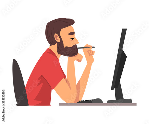 Bored Man Working with Computer, Lazy Guy Procrastinating at Workplace, Unmotivated or Unproductive Worker Character, Side View Vector Illustration