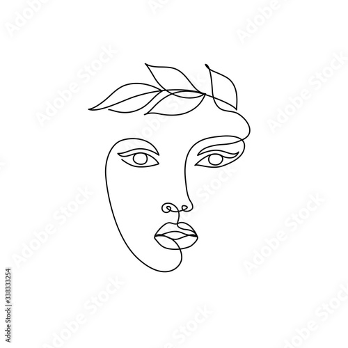 Abstract minimal line drawing beauty woman face with leaves