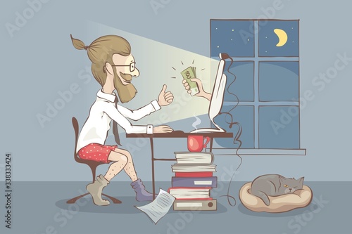 Working from home.  Young man receives a salary for remote work, funny vector illustration. EPS 10.